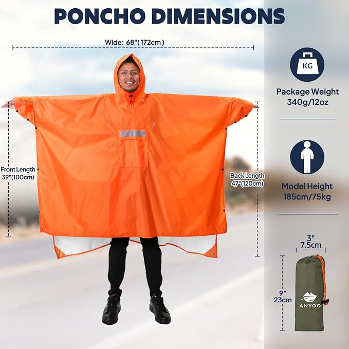 ANYOO Hooded Rain Poncho for Adults Waterproof Lightweight Rain Coat for Men - Image 2