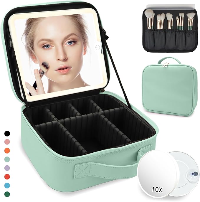 Travel Makeup Bag, with Mirror 3 Color Setting and Detachable 10x Magnifying by MORMIDTravelMakeupBag