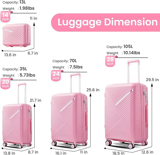 Campfun Luggage 4 Piece Sets, Expandable Carry On Luggage Set Hardshell PP - Image 2