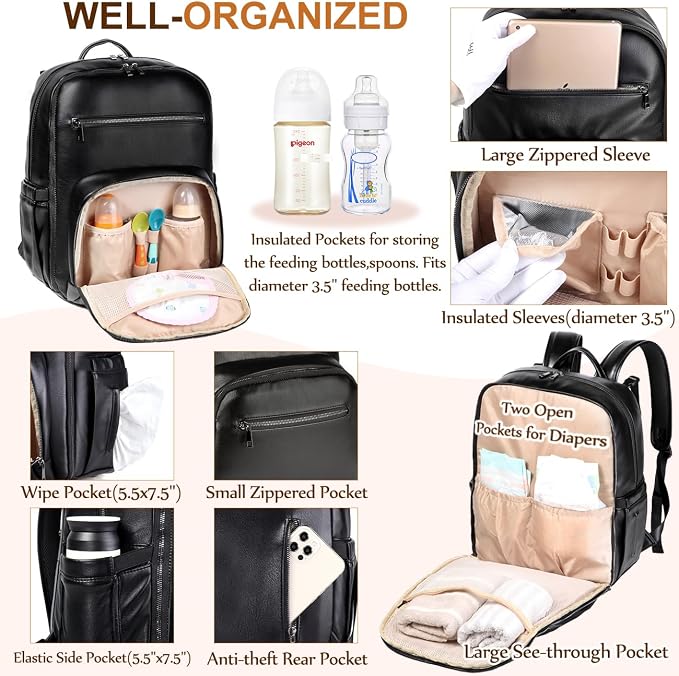 VASCHY Diaper Bag Backpack for Mum Dad, Unisex Large Waterproof Vegan Leather - Image 4