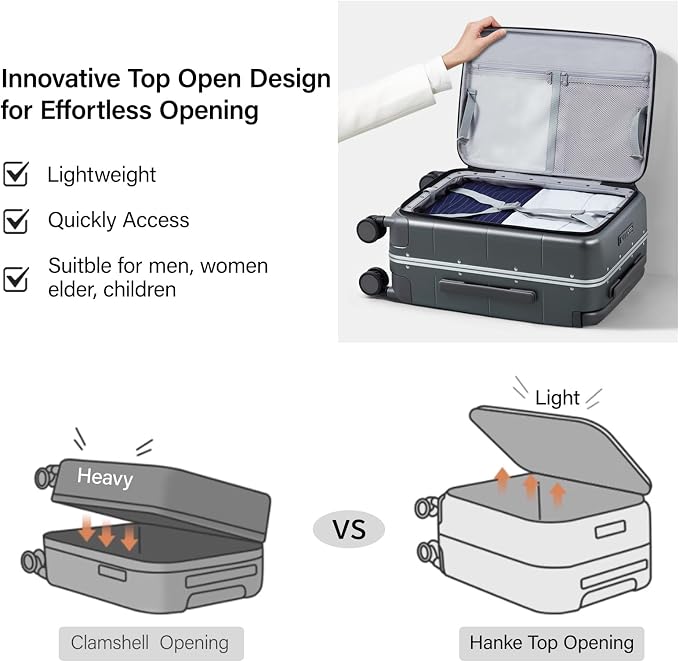 Hanke Top Opening Carry On Luggage, 20 Inch Zipperless Aluminum Frame Wide - Image 2