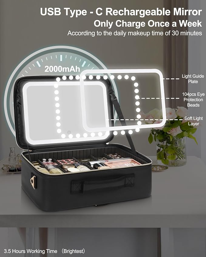 Chomeiu Makeup Bag with LED Mirror, Large Train Case - Image 6