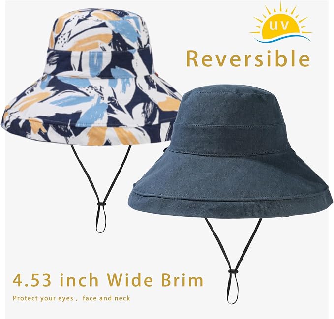 vidsel Womens Sun Hats Wide Brim Reversible Bucket Cotton Hat Packable Summer - Image 3