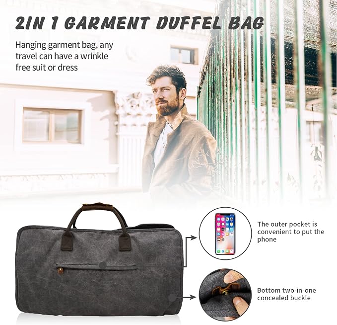 2 in 1 Canvas Leather Suit Luggage Garment Bag - Image 6