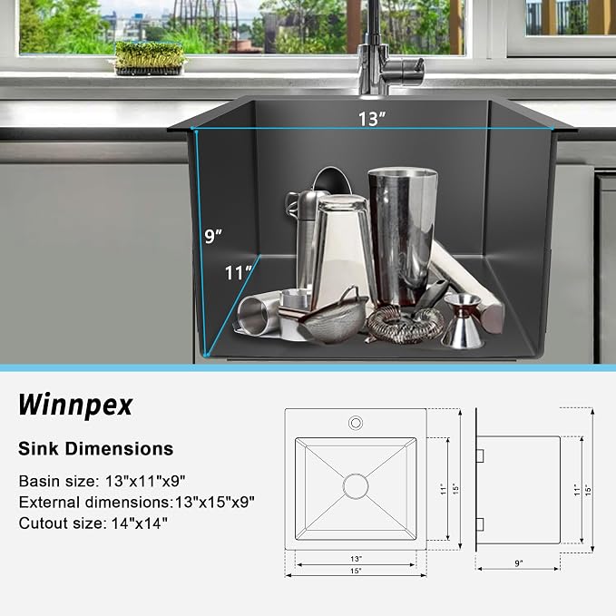 15 x 15 inch Drop in Bar Sink Black, Gunmetal Black Bar Sink 18 Gague Topmount - Image 7