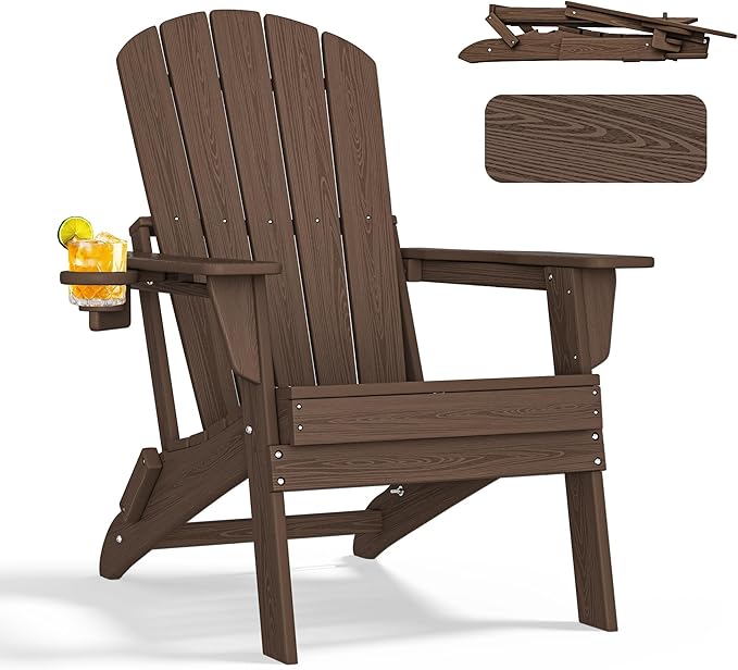 Folding Adirondack Chair with Cup Holder, HDPE Patio Chairs, All-Weather by nevilywood