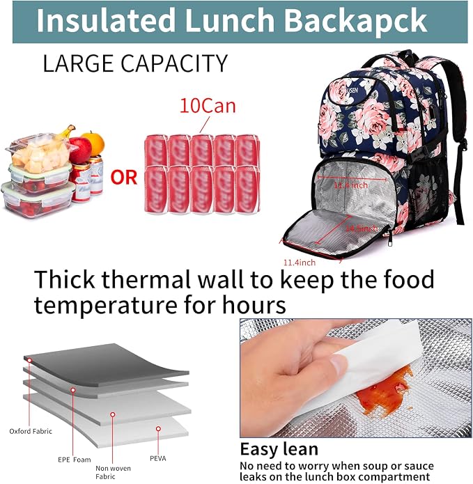 HILUSEN Lunch Cooler Backpack for Women, Extra Large 17 inch Travel Laptop - Image 2