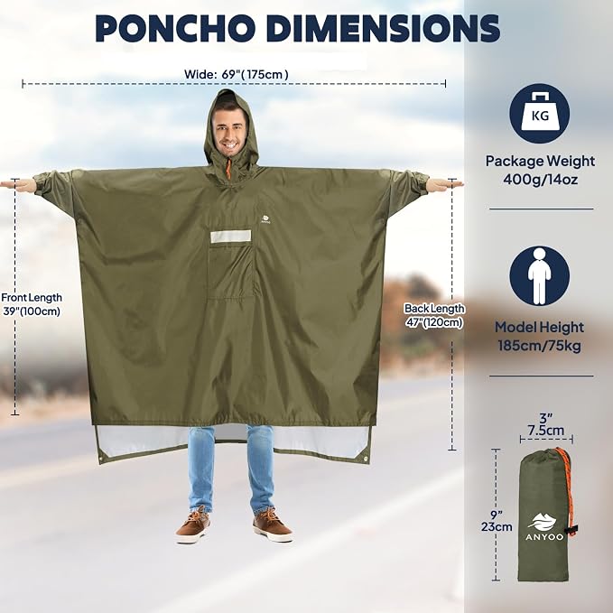 ANYOO Hooded Rain Poncho for Adults Waterproof Lightweight Rain Coat for Men - Image 2