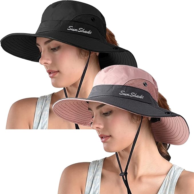 ZOORON Women's Ponytail Safari Sun Hat, Wide Brim UV Protection Outdoor Bucket by ZOORON