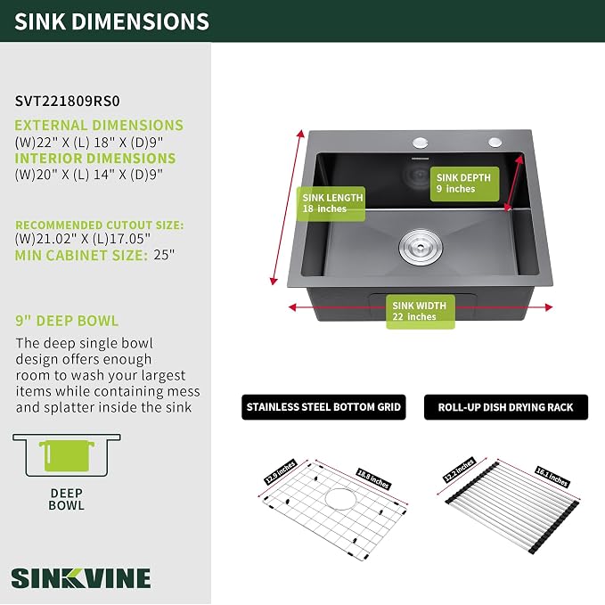 Black Kitchen Sink Drop-In 22 x 18 inch, SINKVINE PVD Nano Stainless Steel Bar - Image 3