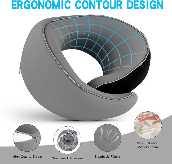 Adjustable Memory Foam Grey U-Shaped Travel Pillow - Image 5