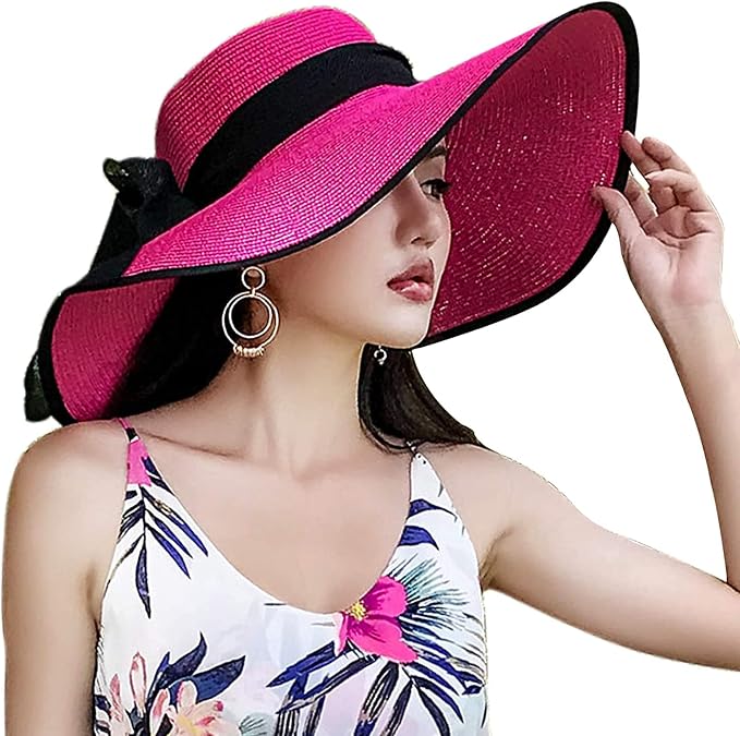 DRESHOW Beach Hats for Women Big Straw Wide Brim Summer Hat Floppy Foldable by DRESHOW