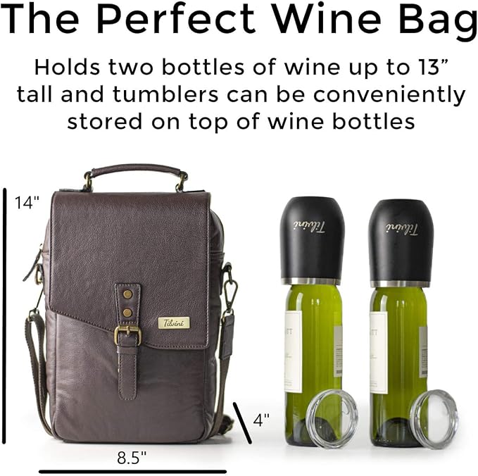 Insulated Leather Wine Bag & 2 Wine Tumblers Set. Leather Wine Bottle Carrier - Image 2