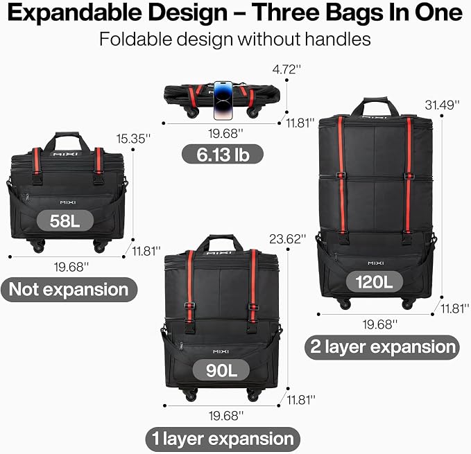 mixi Travel Bag with Wheels Expandable Foldable Luggage Bag Collapsible Rolling - Image 2
