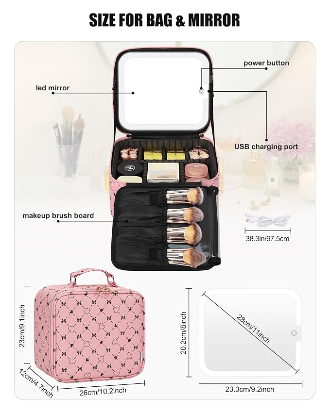 Relavel Travel Makeup Bag With LED Mirror, Compact Cosmetic Organizer Storage - Image 2