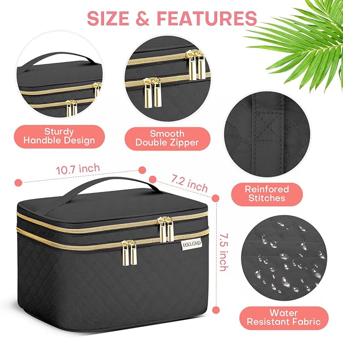 Large Makeup Bag with Mirror Double Layer Travel Make Up Organizer Case - Image 5