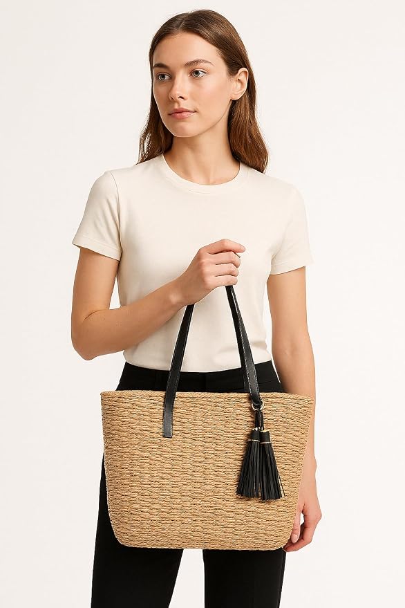 YXILEE Straw Bags For Women | M Size Travel Straw Totes Bag Woven Summer - Image 2