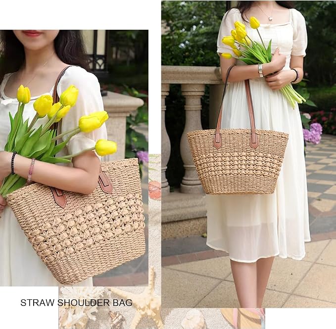 Straw Beach Bags for Women Woven Beach Tote Bag Casual Boho Large Shoulder - Image 7