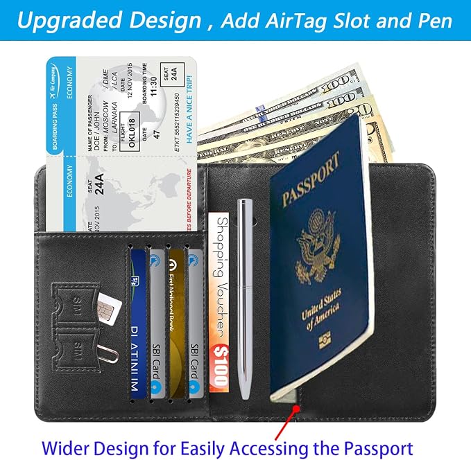 Airtag Passport Holder Cover Wallet Travel Essentials RFID Blocking Leather - Image 3