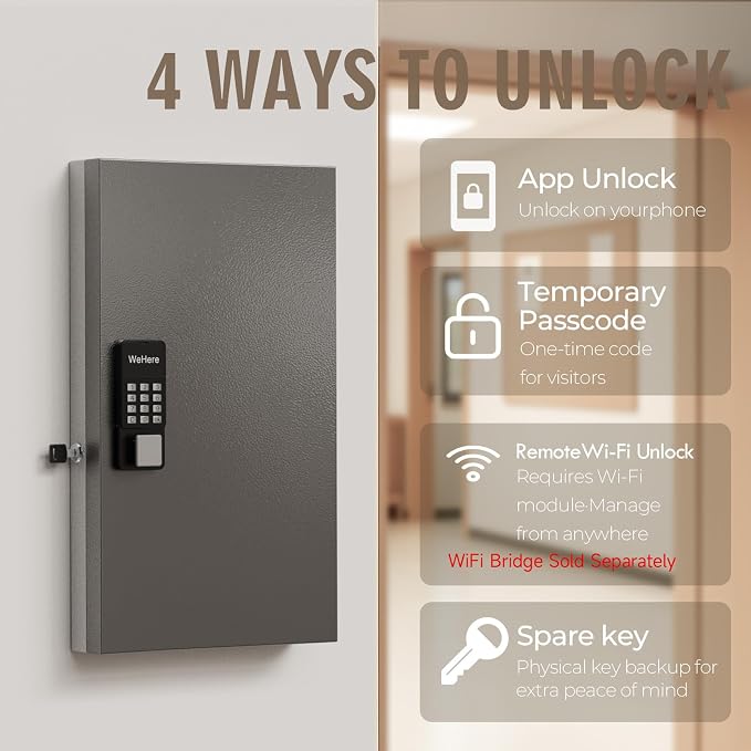 WeHere 72 Key Lock Box Wall Mount, APP Bluetooth/OTP/Wi-Fi/Fixed Code/Key Unlock - Image 4