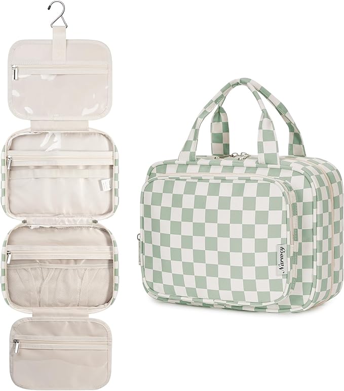 Narwey Hanging Toiletry Bag for Women Travel Checkered Makeup Bag Organizer by Narwey