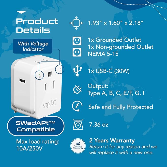 Ceptics World Travel Plug Adapter Set, Safe USB-C 3.0-2 USA Socket, 30W PD & QC - Image 5