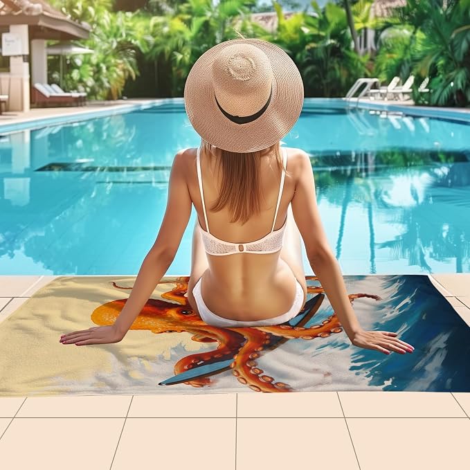 WZOMT Microfiber Octopus Beach Towel, Funny Octopus Surfing Ocean Animal Print - Image 5
