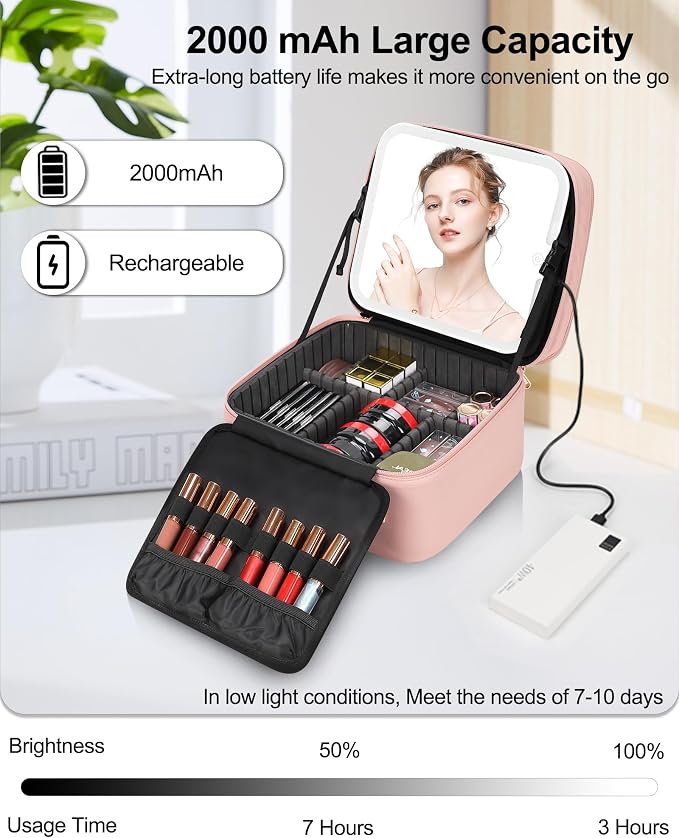 Travel Makeup Bag with LED Mirror Double Layer Makeup Case with Lighted Mirror - Image 5
