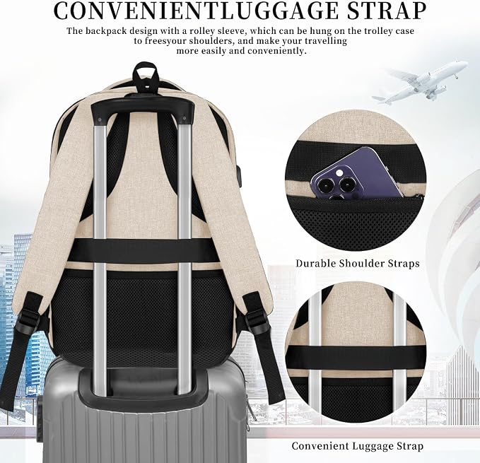 Beige Backpack for Men Women, School Backpack for Boys Girls Teens, 15.6 Inch - Image 5