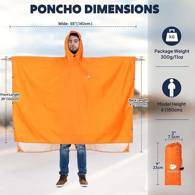 ANYOO Hooded Rain Poncho for Adults Waterproof Lightweight Rain Coat for Men - Image 2