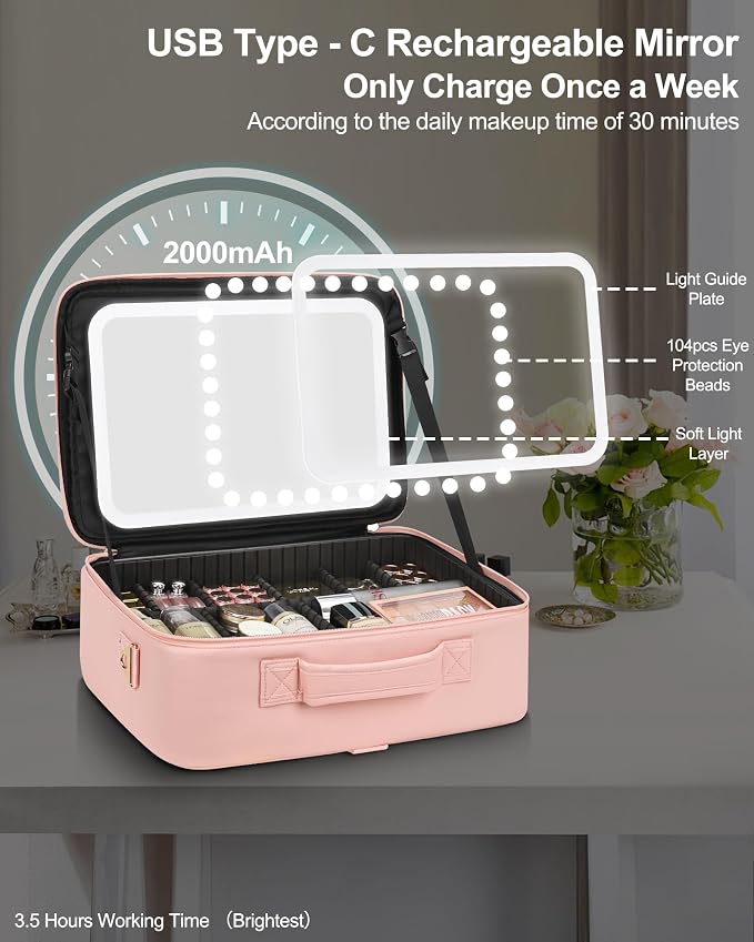Chomeiu Makeup Bag with LED Mirror, Large Train Case - Image 6