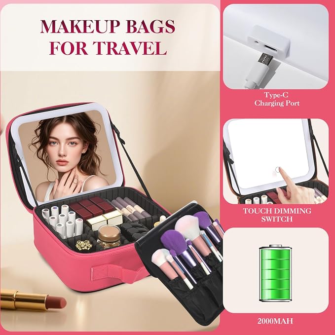 Travel Makeup Bag With LED Mirror, Cosmetic Train Case with 3 Color Setting - Image 4