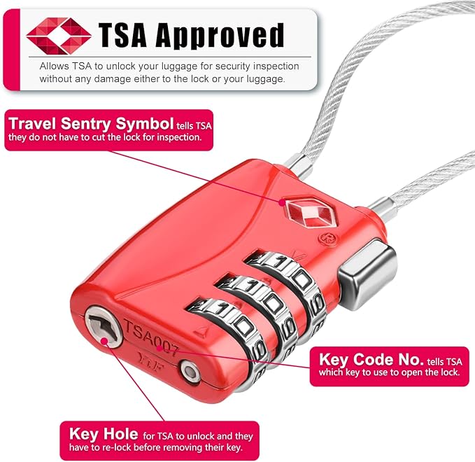 ZHEGE TSA Locks for Luggage 3 Digit Cable Padlock - Image 2