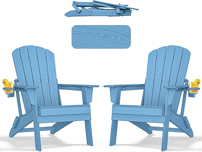 Folding Adirondack Chair with Cup Holder Set of 2, All-Weather Adirondack Chair by nevilywood