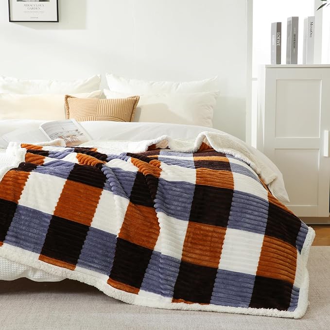 PU MEI Sherpa Blanket Twin Plaid Thick Bed Blanket, 80”*90” Super Soft Flannel - Image 2