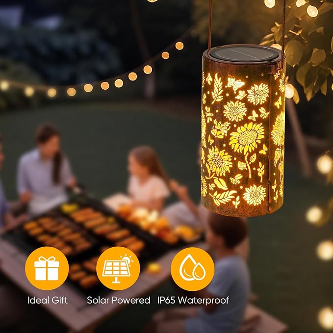 Homemory Sunflower Solar Lanterns Lights Outdoor Waterproof, Hollowed-Out Metal - Image 7