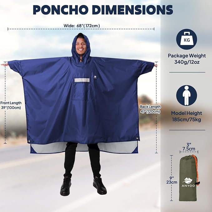 ANYOO Hooded Rain Poncho for Adults Waterproof Lightweight Rain Coat for Men - Image 2