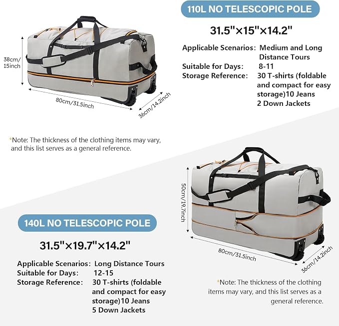 Rolling Duffle Bag with Wheels, 110L/140L Expandable Soft-Sided Foldable Duffle - Image 3