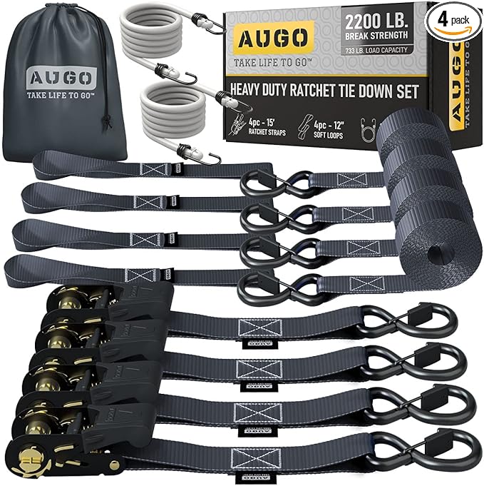 AUGO Ratchet Straps Heavy Duty 4 Pack -15 FT - 2200 LB Break Strength – - Cargo by AUGO