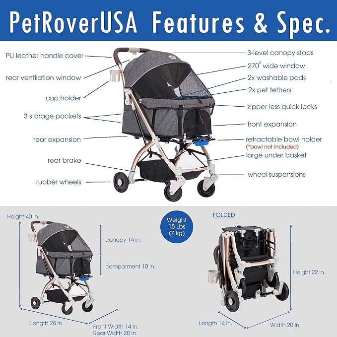 HPZ-PR America Pet Rover Lite Premium Light-Weight Dog/Cat/Pet Stroller Travel - Image 7