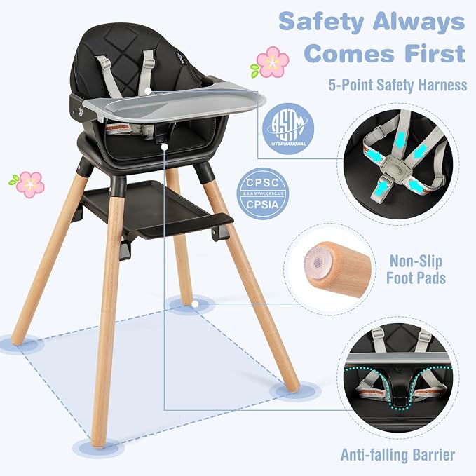 BABY JOY Baby High Chair, 6 in 1 Convertible Wooden High Chair - Image 5