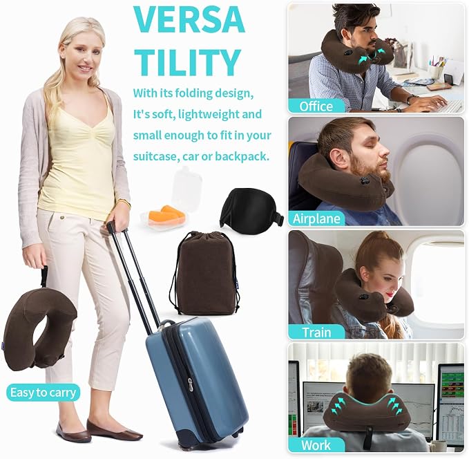 Inflatable Travel Neck Pillow for Airplane, Head Support Velvet Adult Neck - Image 6