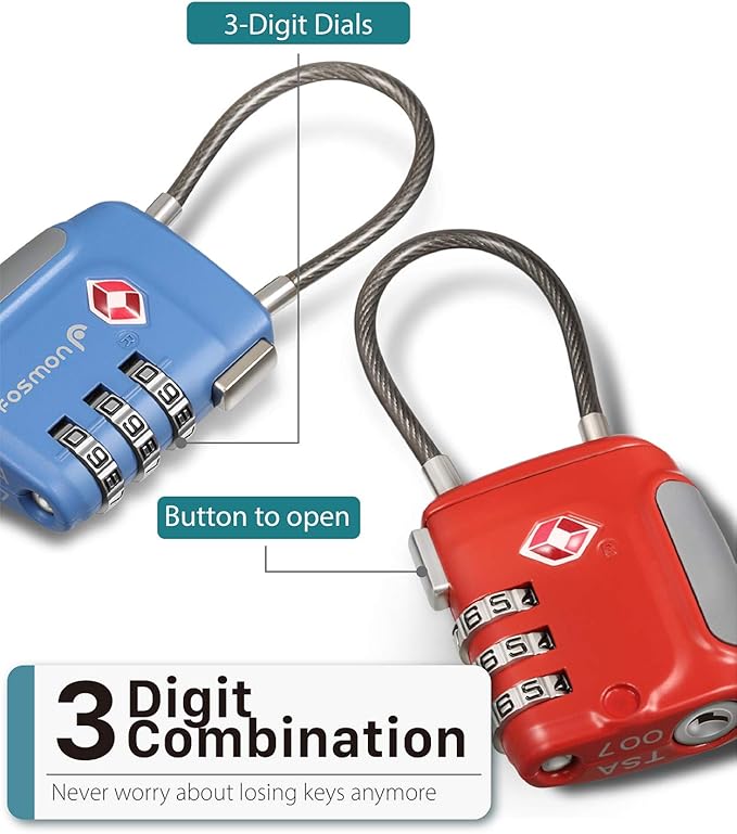 Fosmon TSA Approved Luggage Locks, Cable Suitcase Travel Lock, 3 Digit Long - Image 3