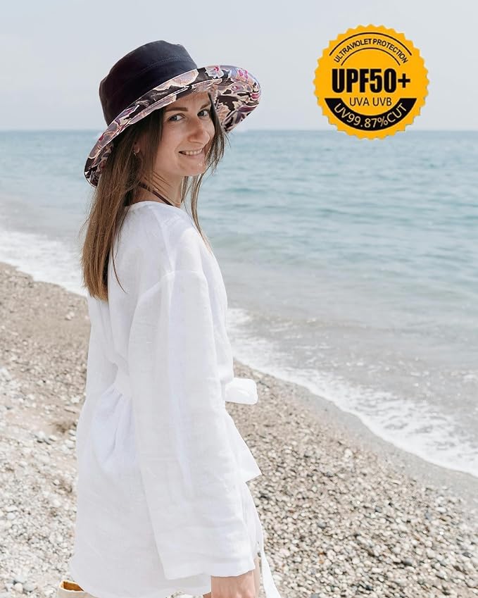 vidsel Womens Sun Hats Wide Brim Reversible Bucket Cotton Hat Packable Summer - Image 7