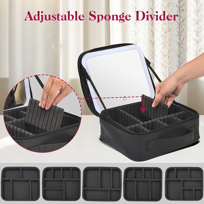 Travel Makeup Bag With LED Mirror, Cosmetic Train Case with 3 Color Setting - Image 5