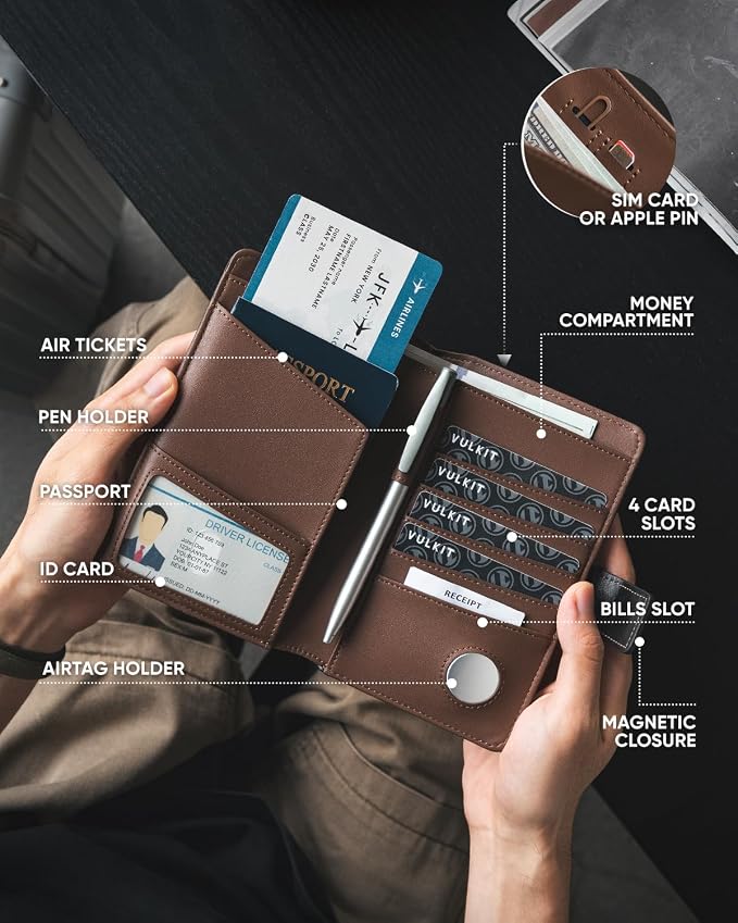 VULKIT Passport Holder with Airtag Holder RFID Blocking Passport Wallet Travel - Image 4