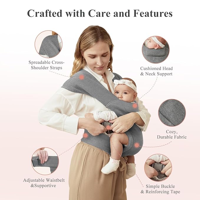 Newborn Carrier, Cozy Baby Carrier, Ergonomic Cross-Back Wrap, Hands-Free - Image 5