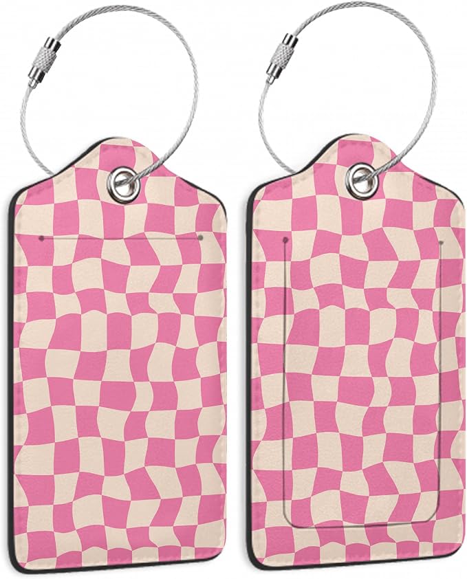 2 Pack Luggage Tag for Suitcase, Groovy Pink Checkerboard Leather Bag Tags by TXIANT