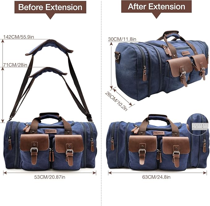 Wildroad 50L Travel Duffel Bag, Expandable Canvas Genuine Leather Duffle Bag - Image 5