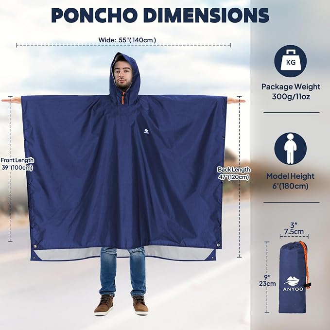 ANYOO Hooded Rain Poncho for Adults Waterproof Lightweight Rain Coat for Men - Image 2